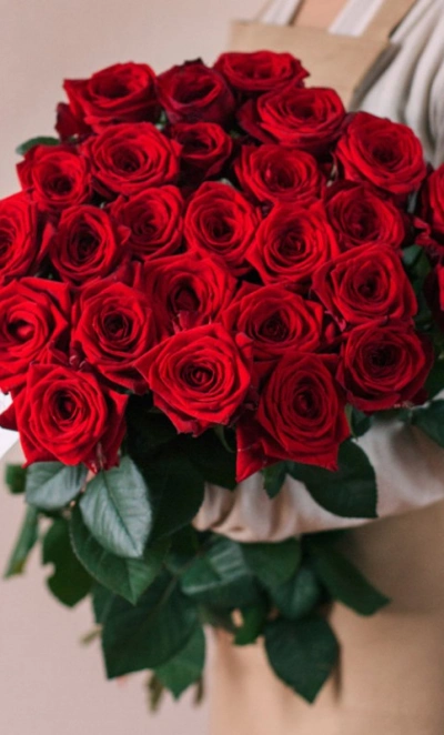 25 красных роз под ленту