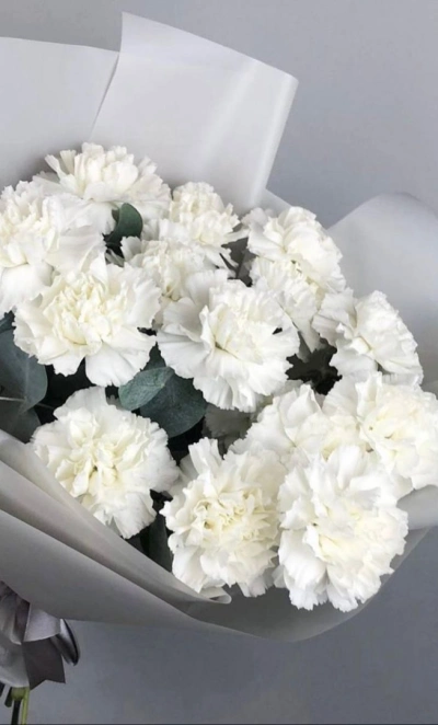 Букет из диантусов и эвкалипта «Белый танец»